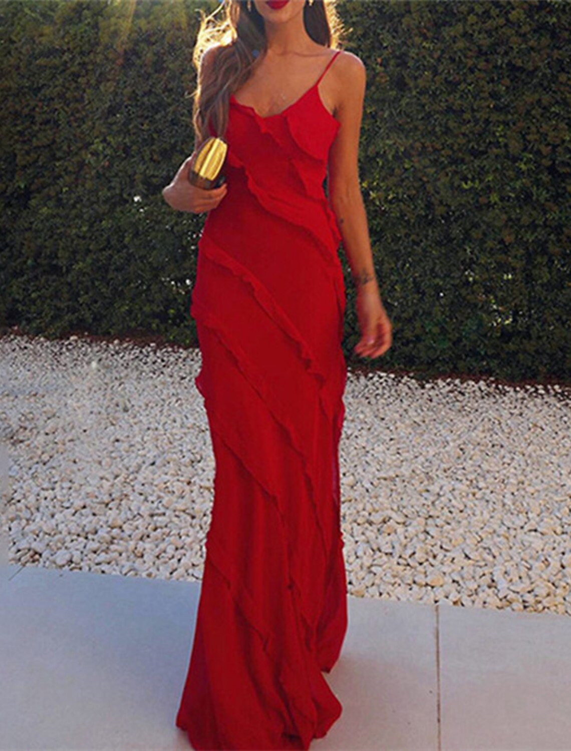 Wholesale Sheath / Column Party Dresses Tiered Plisse Dress Wedding Guest Holiday Sweep / Brush Train Sleeveless Spaghetti Strap Chiffon with Ruffles Slit